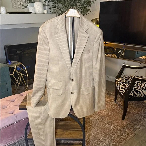Murano Classic Beige Pinstripe Suit for Men-medium, 30x32 - Picture 1 of 13